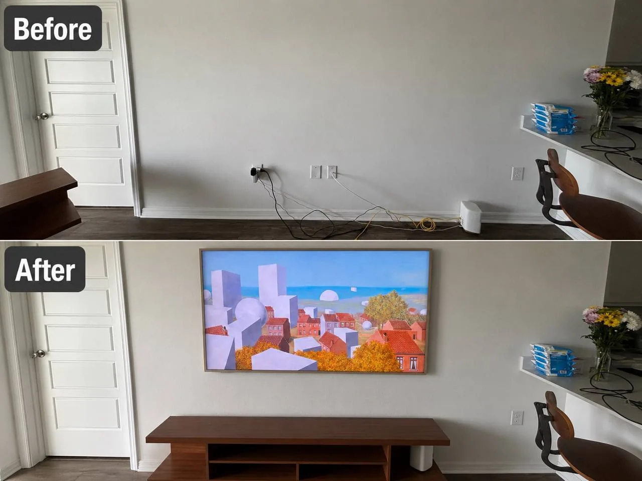 Before and after in a Riverview, FL living room: a bare wall with loose cables on the floor, then a Frame-style TV mounted flush and centered above a wooden console with the cables gone.