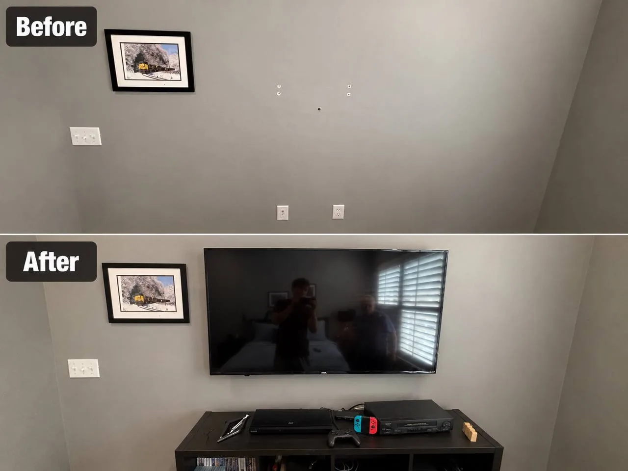 Before and after: a grey bedroom wall with only anchor holes and outlets, then a flat-screen TV mounted level beside the framed picture already on the wall.