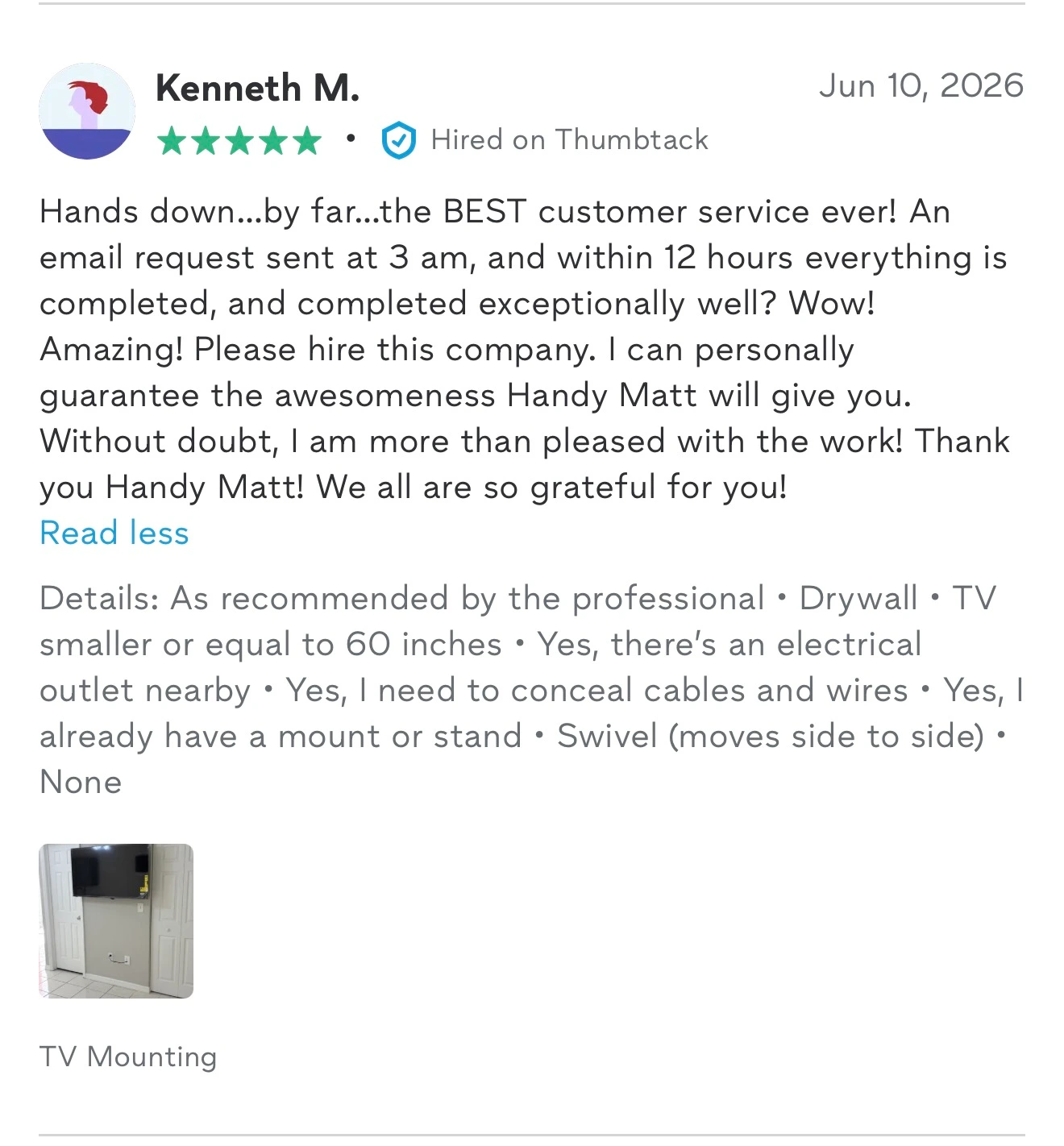 Screenshot of a 5-star "Hired on Thumbtack" review from Kenneth M.: calls it the best customer service ever after a 3am request was completed within 12 hours.