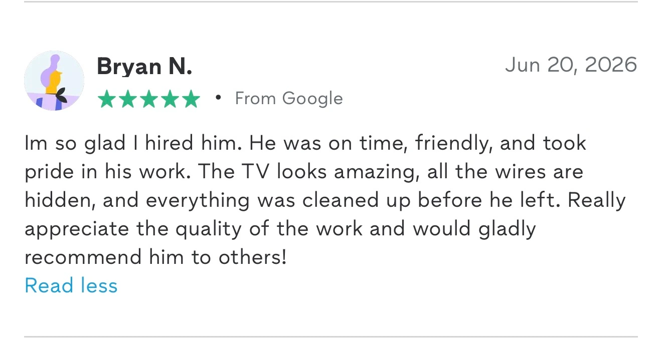Screenshot of a 5-star Google review (shown on the Thumbtack profile) from Bryan N.: on time and friendly, all wires hidden, everything cleaned up before he left.
