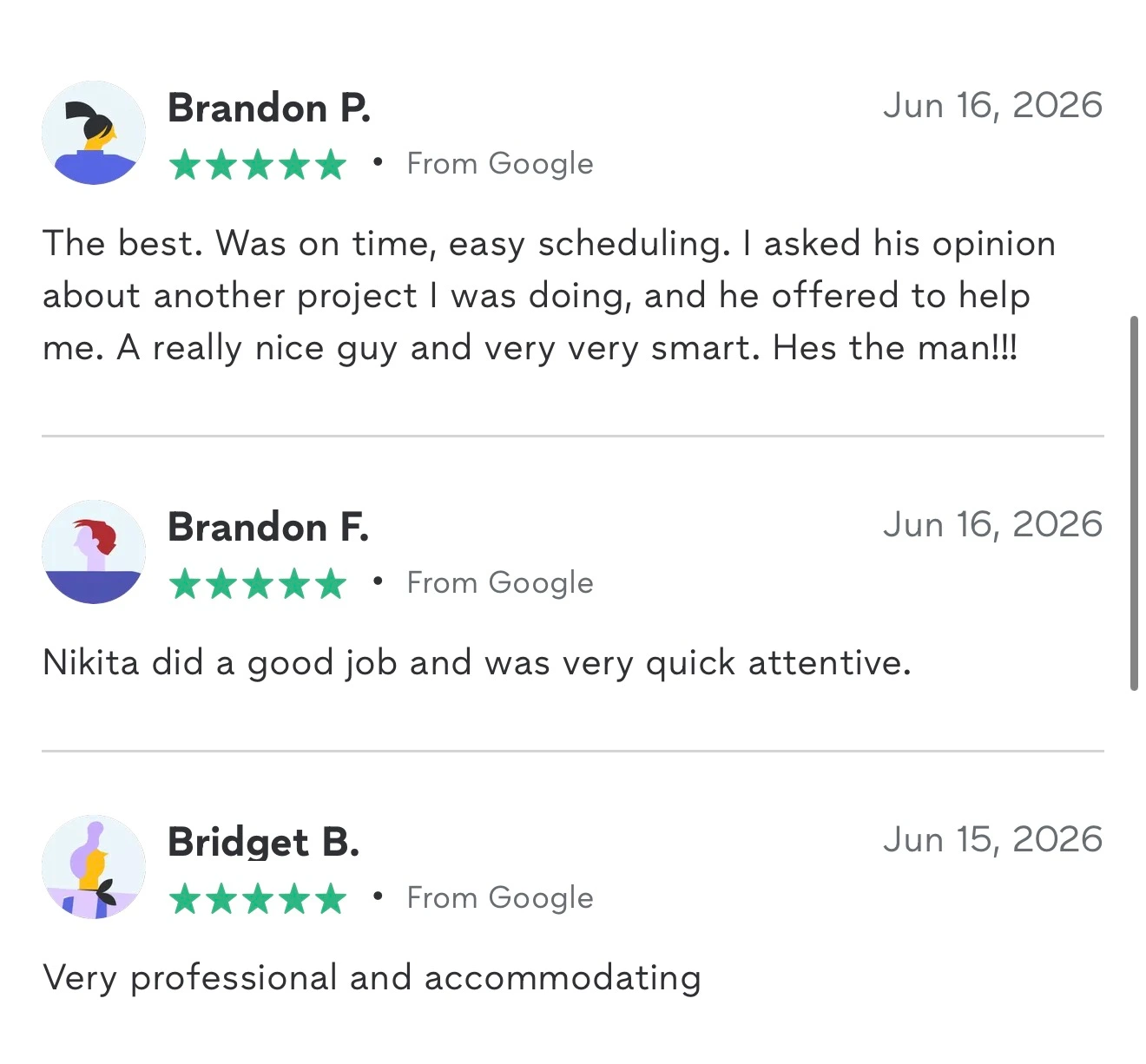 Screenshot of three stacked 5-star Google reviews (shown on the Thumbtack profile) from Brandon P., Brandon F., and Bridget B., each praising fast, attentive, professional service.