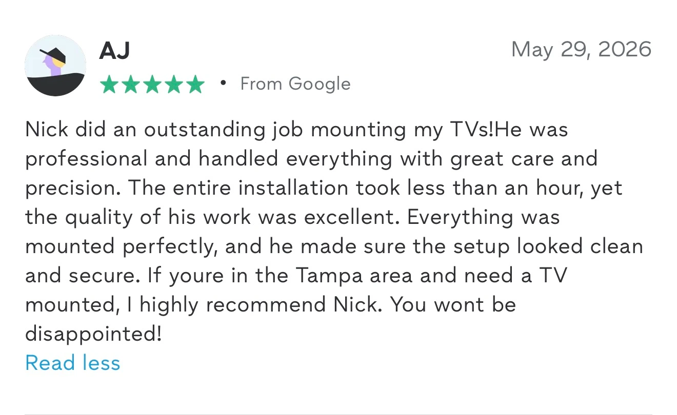 Screenshot of a 5-star Google review (shown on the Thumbtack profile) from AJ: mounted multiple TVs in under an hour with a clean, secure setup.